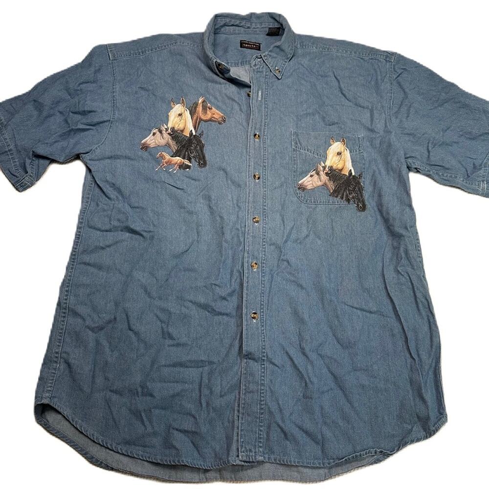 Outrageous sports chambray JEAN SHIRT WITH HORSES, MEN'S XL